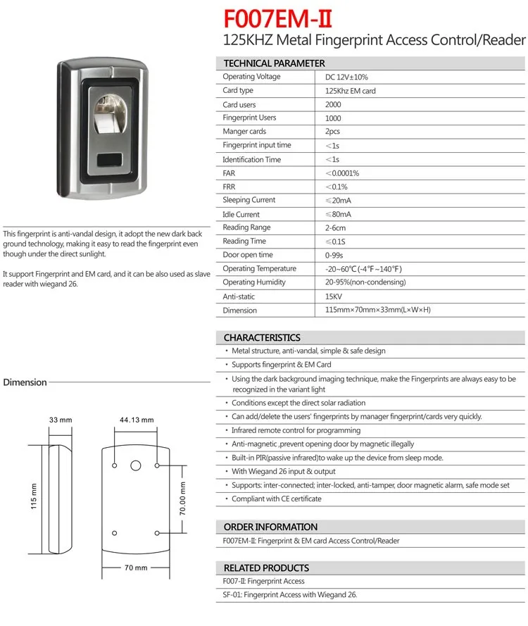 Lpsecurity f007em-ii 125 К em rfid считыватель карт Wiegand26 отпечатков пальцев Контроль автономного доступа/Reader встроенный ИК