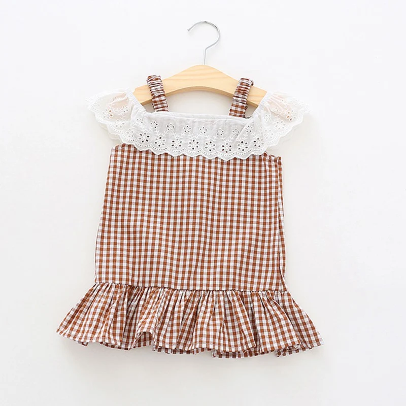 

Baby Girls Dress Summer Casual Baby Girls Flare Sleeve Off-shoulder Plaid Print Lace Dress Kids Toddler Pageant Sundress
