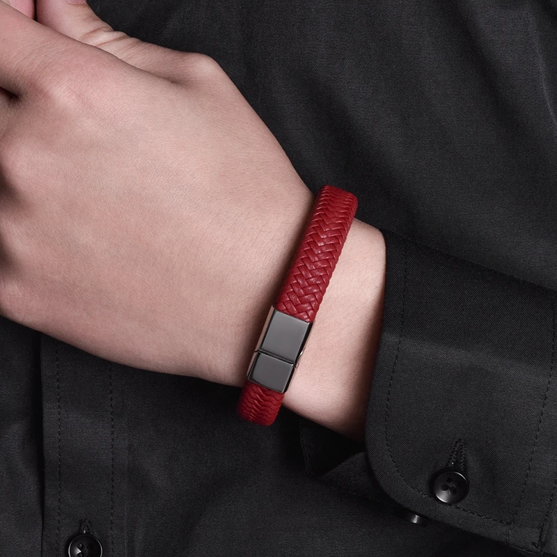 Bracelet jewelry Punk Men Jewelry Red Braided Leather Bracelet Stainless Steel Magnetic Clasp Women Bangles Gift 161