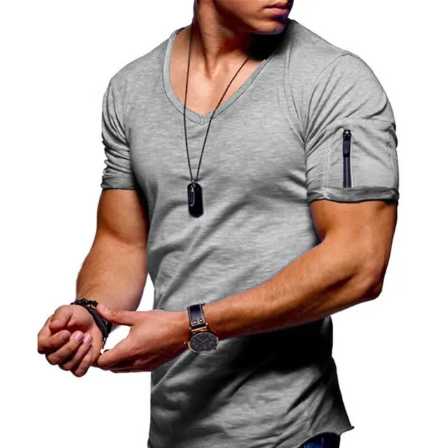 2022 New Men's V-neck T-shirt Fitness Bodybuilding T-shirt High Street Summer Short-Sleeved Zipper Casual Cotton Top light grey