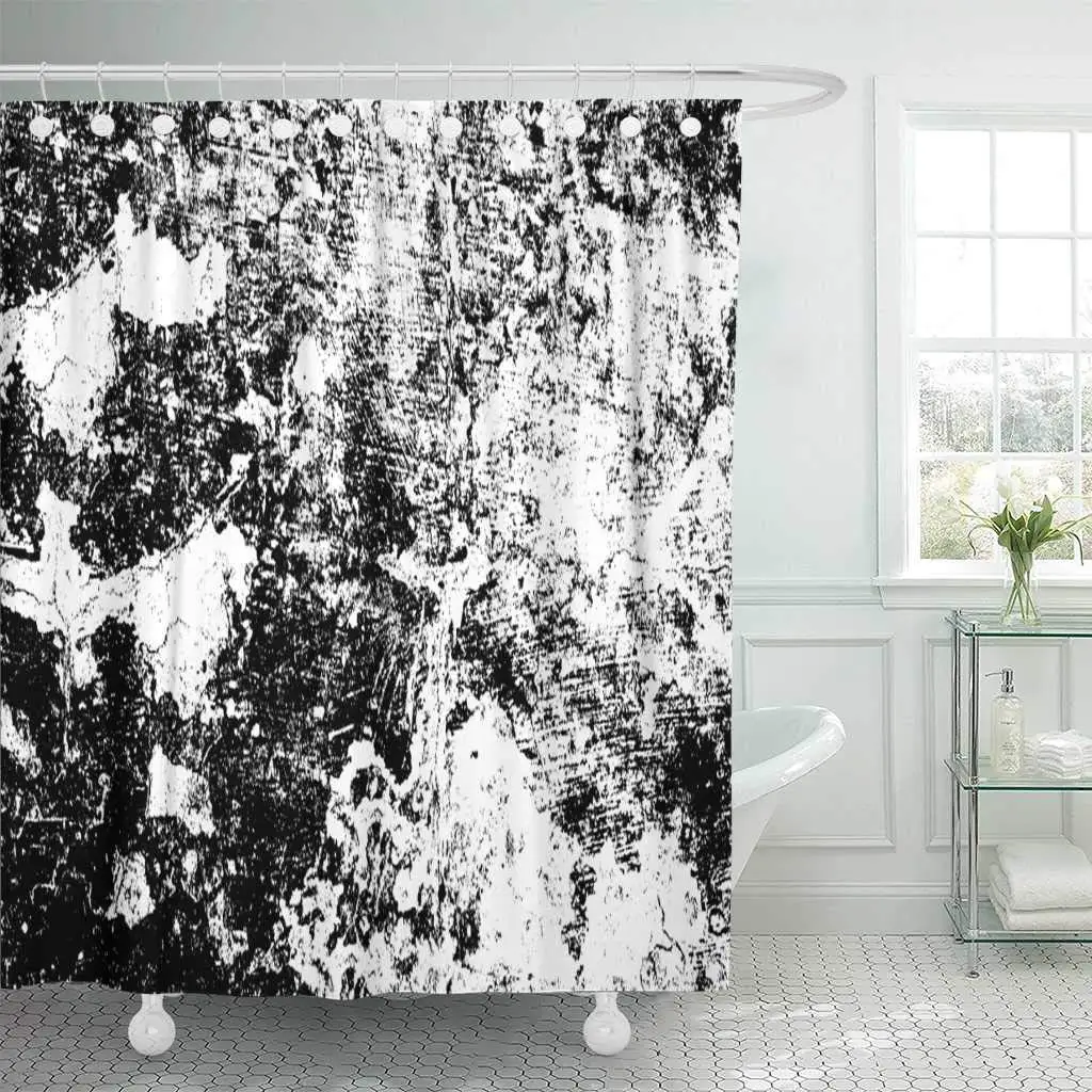 

Shower Curtain with Hooks Dark Black and White Grunge Vintage Abstract Old Cracks Scuffs Spots on The Dirty Light Bathroom Decor