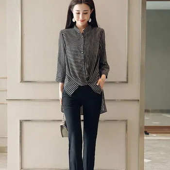 

Large Size Tracksuit For Women Chiffon Women's Tracksuits Office Lady Blouse Women's Suit Single Breasted V-neck Suit