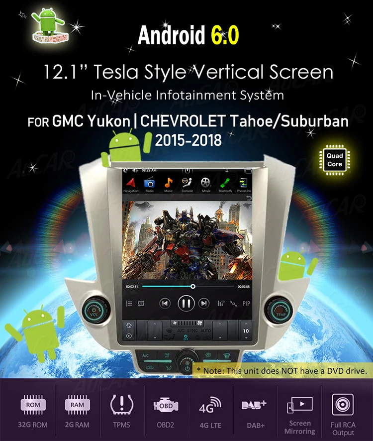 Perfect AuCAR Tesla 12.1" Android 8.1 Car radio 2 din 1 din DVD for GMC Yukon Chevrolet Tahoe Suburban 2015-2019 GPS Navigation IPS AUX 6 Perfect AuCAR Tesla 12.1" Android 8.1 Car radio 2 din 1 din DVD for GMC Yukon Chevrolet Tahoe Suburban 2015-2019 GPS Navigation IPS AUX 6