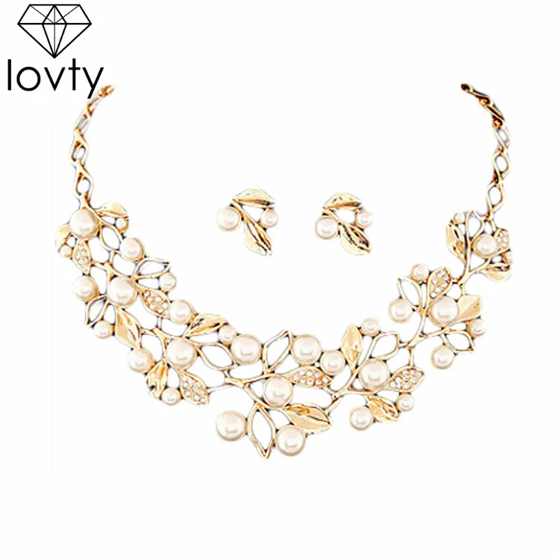 

lovty Hot Imitation Pearl Wedding Necklace Earring Sets Bridal Jewelry Sets for Women Elegant Party Gift Fashion Costume