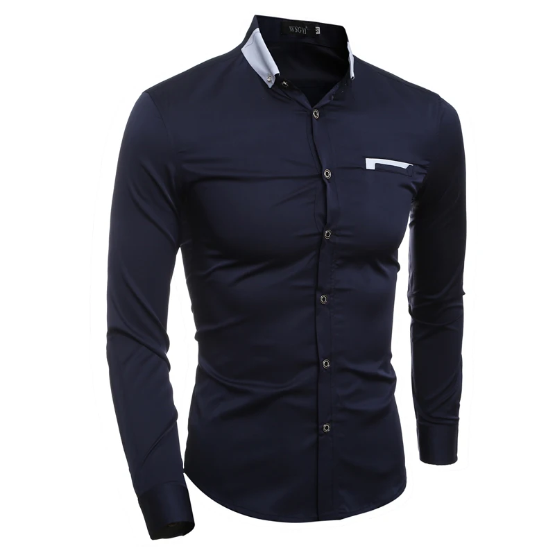 New Designs Mens Tuxedo Dress Shirts Long Sleeve Fake Pocket Solid Male