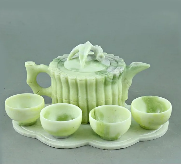 Jade teapot wine set Natural Lantian jade festival high rise tea set Delivery gift box jade crafts - Color: not gift box