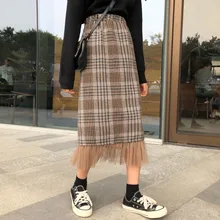 Осень-зима женские юбки Harajuku модные сетчатые строчки с эластичной резинкой на талии шерстяные юбки для девочек ретро клетчатые миди юбки низ