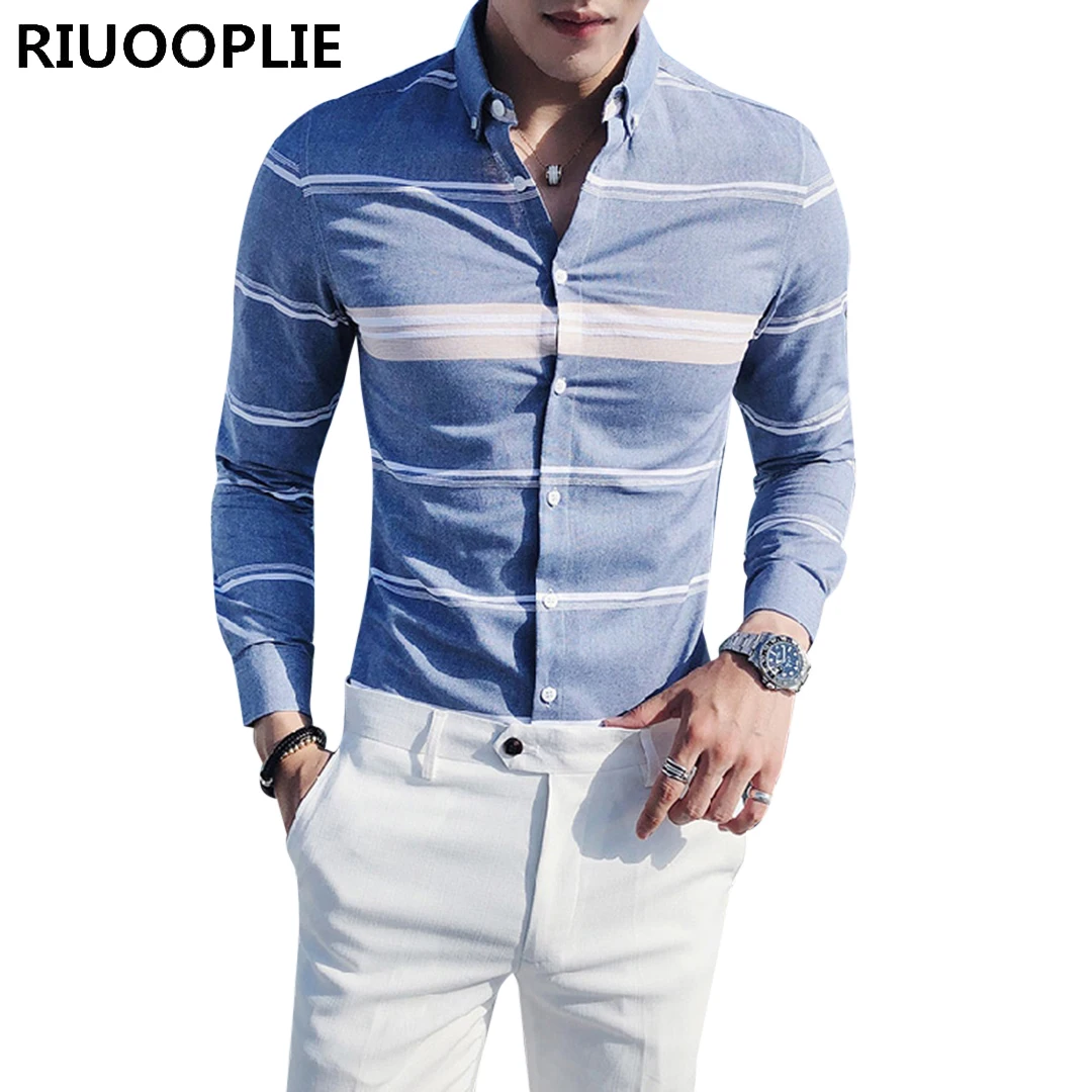 RIUOOPLIE, Новая Осенняя мода, Для мужчин в поперечную полоску для бизнес на каждый день Slim контрастная цветная рубашка