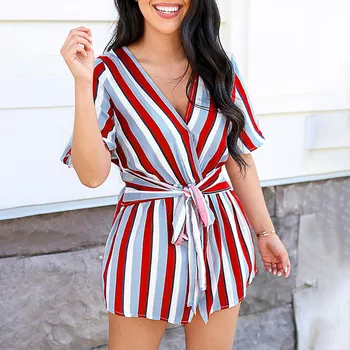 

KLV 2019 summer dress Womens latest fashion платье Stripe Print Short Sleeve V-Neck Bandage Backless Mini Dress free shippingD4