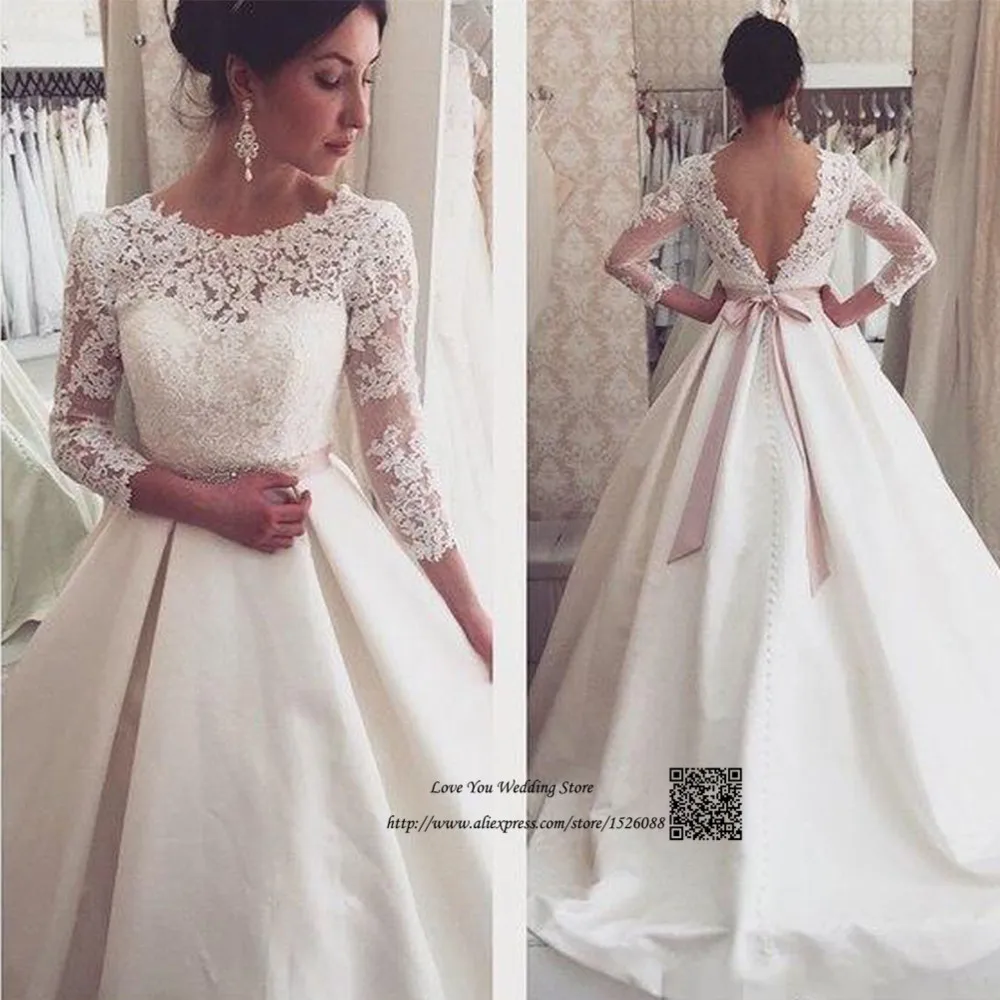 Vestidos de Noiva винтажное свадебное платье принцессы кружевное свадебное платье с длинными рукавами 2017 V сзади сатиновое свадебное платье пояс с