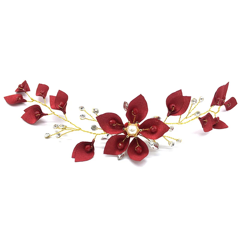 Fashion Red Flower Bridal Hairband Rhinestone Leaf Headband Wedding ...