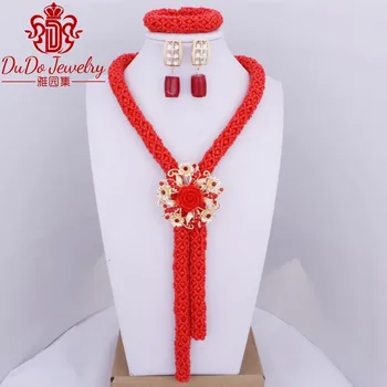 

2018 Newest Hot Red Summer African Nigerian Wedding Jewelry Set Natural Coral Necklace Earrings Bracelet Costume jewelry Set