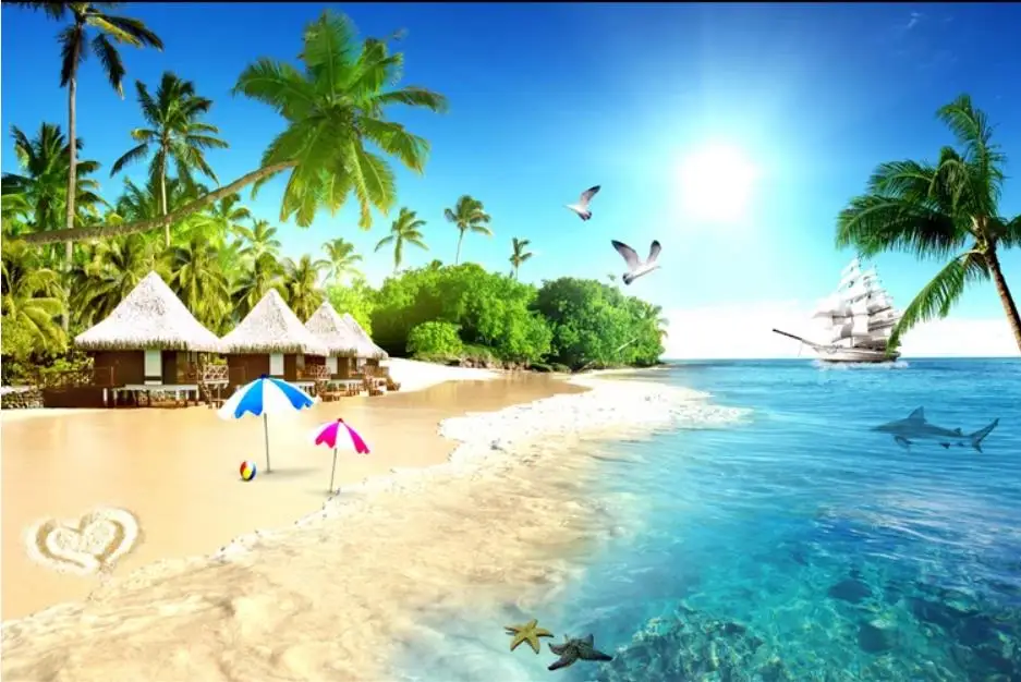 beautiful scenery wallpapers Seaside sea beach small grass house coconut tree sea view space expansion 3D background wall beautiful scenery wallpapers Seaside sea beach small grass house coconut tree sea view space expansion 3D background wall