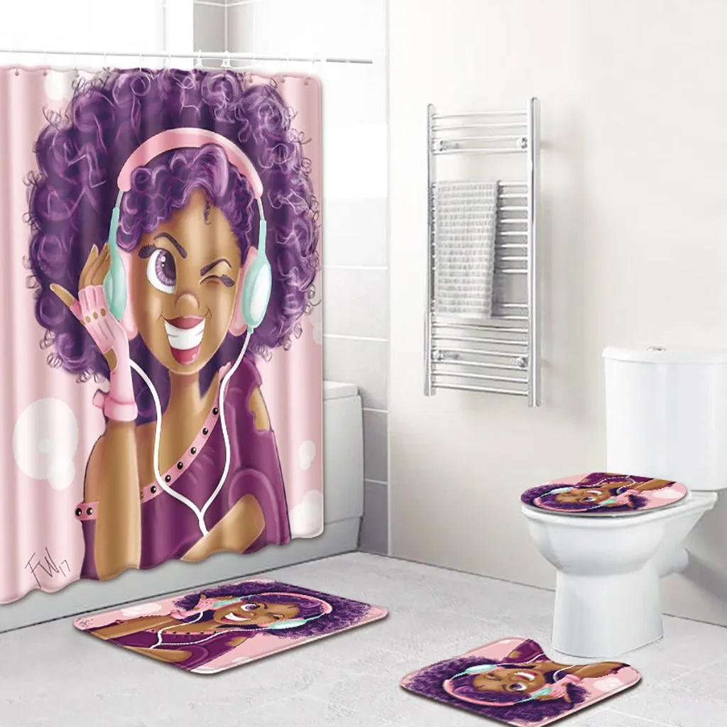 

4PCS Sea Style Non Slip Toilet Set Polyester African girl pattern Pedestal Rug + Lid Toilet Cover + Bath Mat+Shower curtain L610
