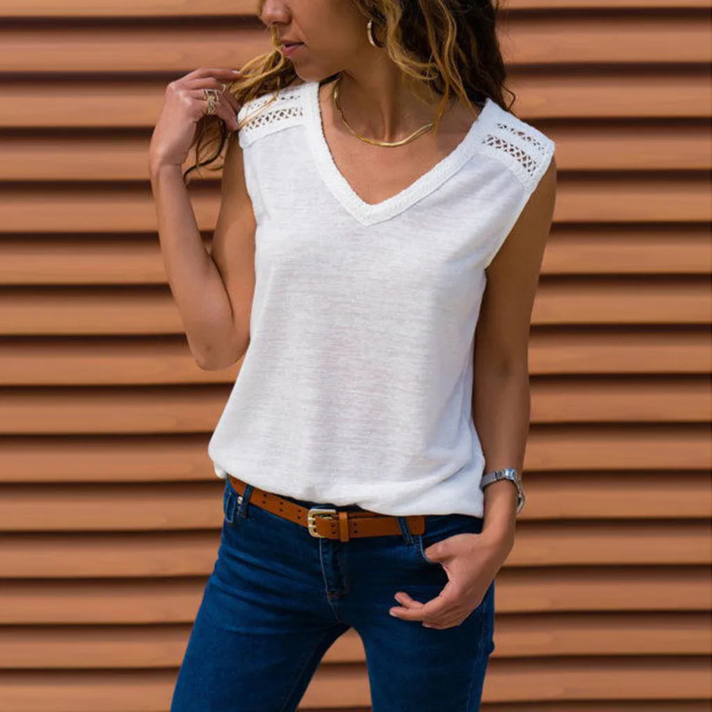 

t shirt Women white Sexy Lace Stitching Solid modis vintage V-Neck Sleeveless daily office Vest T-Shirt camiseta mujer#sw