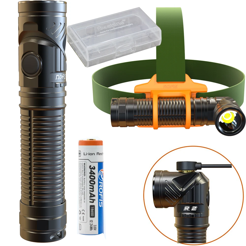 

Rofis R3 Flashlight Headlamp in one Multi-angle Lighting 1250 Lumens Magnetic USB Rechargeable Rotatation with battery