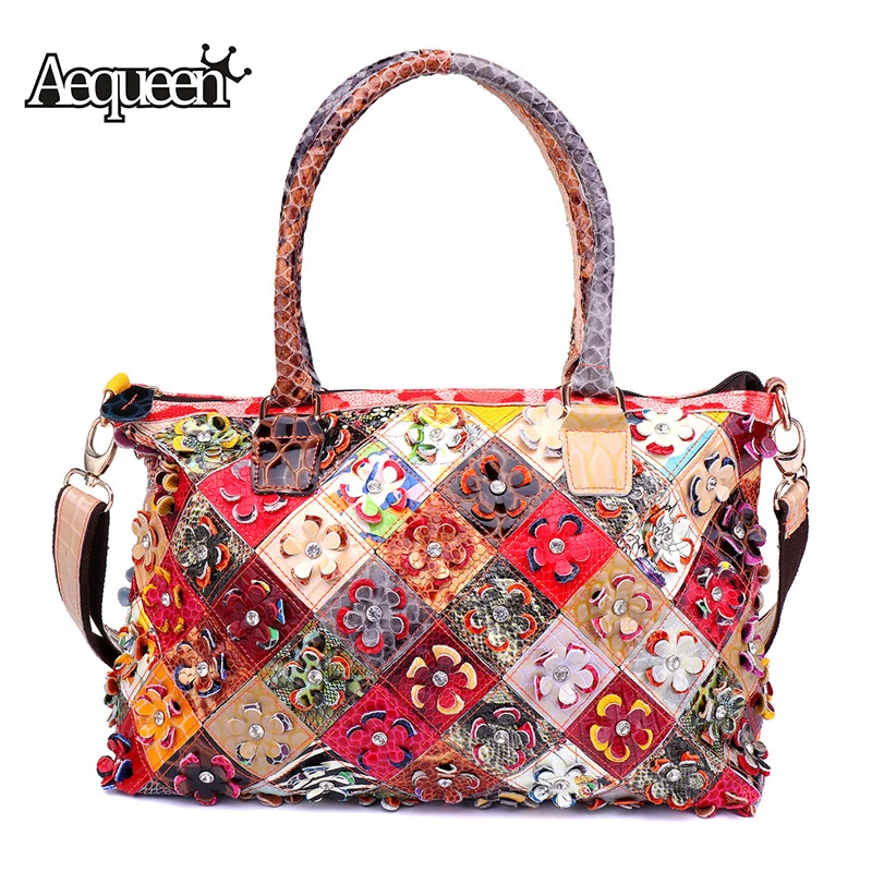 AEQUEEN Patchwork Genuine Leather Handbags Women Shoulder Bags Flower ...