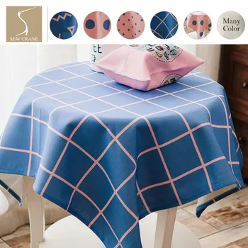 

SewCrane Blue Polka Dot Baby Pink Gingham Stripes Abstract Linear Geometric Table Cloth Home Living Cotton Linen Tablecloth