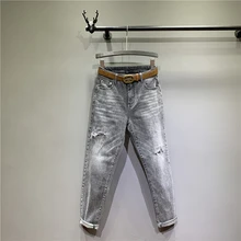 Дымчато-серые женские джинсы с высокой талией, уличный стиль, полная длина, отбеливатель, с пуговицами, с имитацией молнии, рваные, винтажные, прямые