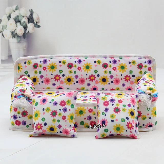 Fashion Mini Flower Cloth Sofa With 2 Full Cushions Bedroom Dollhouse Furniture For Barbie Doll Accessories Baby Kid's Gift Toy