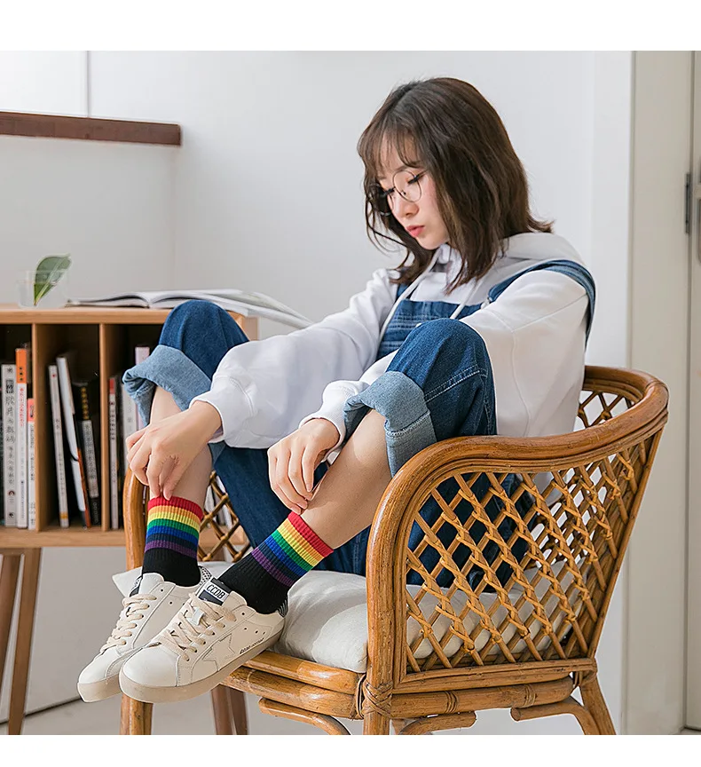 LGBT Striped Fashion Korean Streetwear Women Rainbow Socks Warm Funny Candy White Black Short Winter Cotton Happy Socks knee socks