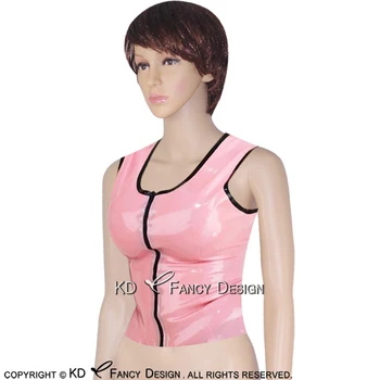 

Baby Pink With Black Trims Sleeveless Sexy Latex Shirt With Zip Front Rubber Clothes Clothing Top YF-0052