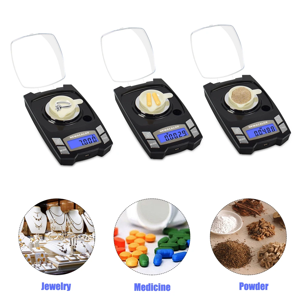 NEWACALOX 50g/100g x 0.001g USB 충전 보석 규모 LCD 디지털 포켓 정밀 전자 저울 약용 실험실 저울 무게