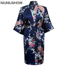 Темно-синие китайский Для женщин шелковый атлас халат Повседневное ночная рубашка с цветочным принтом пижамы юката платье Размеры размеры