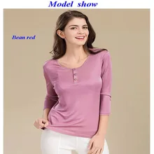 Женская трикотажная футболка из чистого шелка с круглым вырезом, Шелковая футболка с рукавом три четверти, женская шелковая футболка с пуговицами