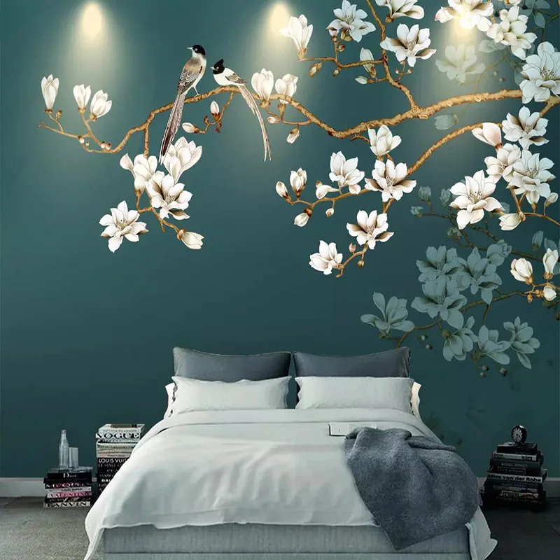 Пользовательские самоклеющиеся водонепроницаемые Холст Настенные обои цветы в китайском стиле и птицы Фреска Гостиная Спальня Декор