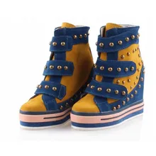 Панк заклепки ботильоны женщин замша коровы замши высокий верх повседневная обувь Невидимые панк высота увеличение обувь скрытые клинья каблуки