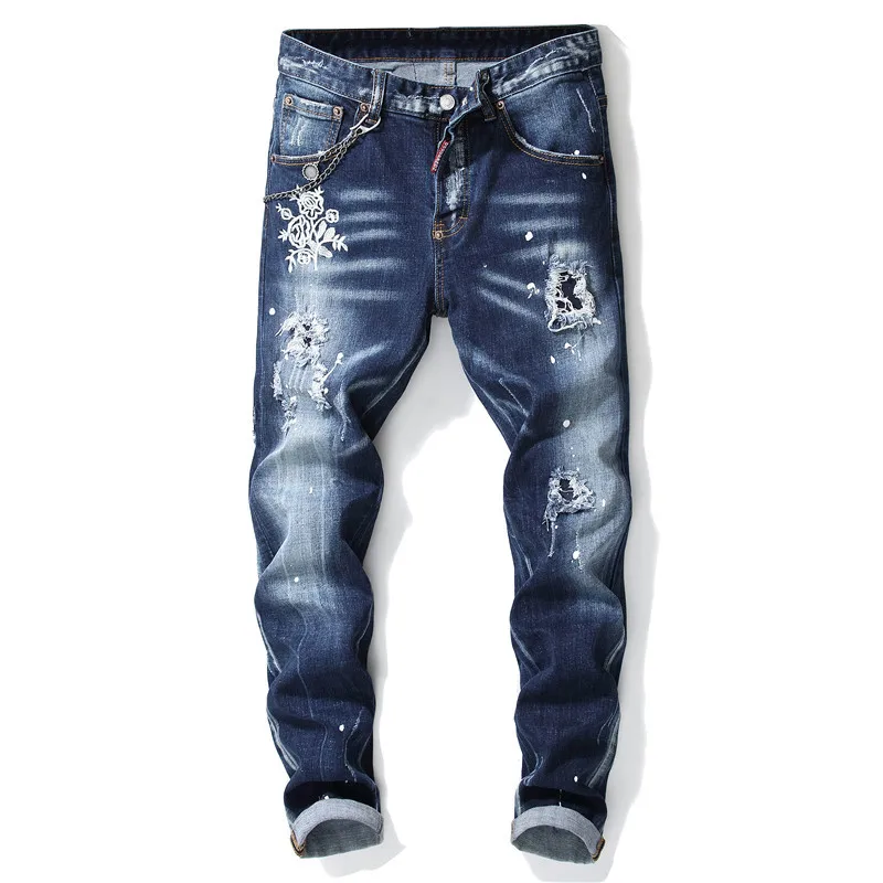 

European American Style luxury quality Men's slim jeans pants famous brand mens Pencil Pants Straight blue hole jeans for men