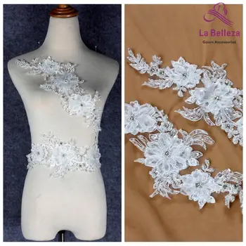 

La Belleza new 2 pieces white handmade beaded 3D flowers appliques 40*15CM