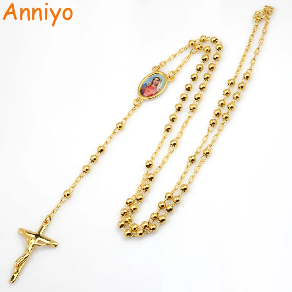 Anniyo Our lady Девы Марии длинные четки бусины для ожерелья кулон в виде креста на