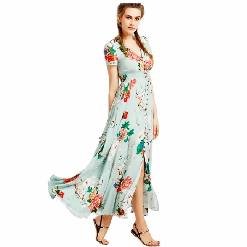 

Bohemia Floral Long Dresses Women Summer Ethnic Dresses Maxi Sundress Button Up Split Print Flowy Evening Party Dresses vestidos