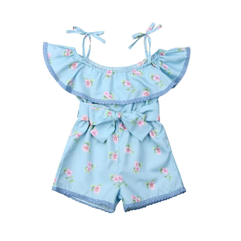 

Baby Kids Girls Flowers Romper Baby Girl Summer Clothes Ruffles Lace Strap Playsuits Off the Shoulder Floral Jumpsuits 1-6Y