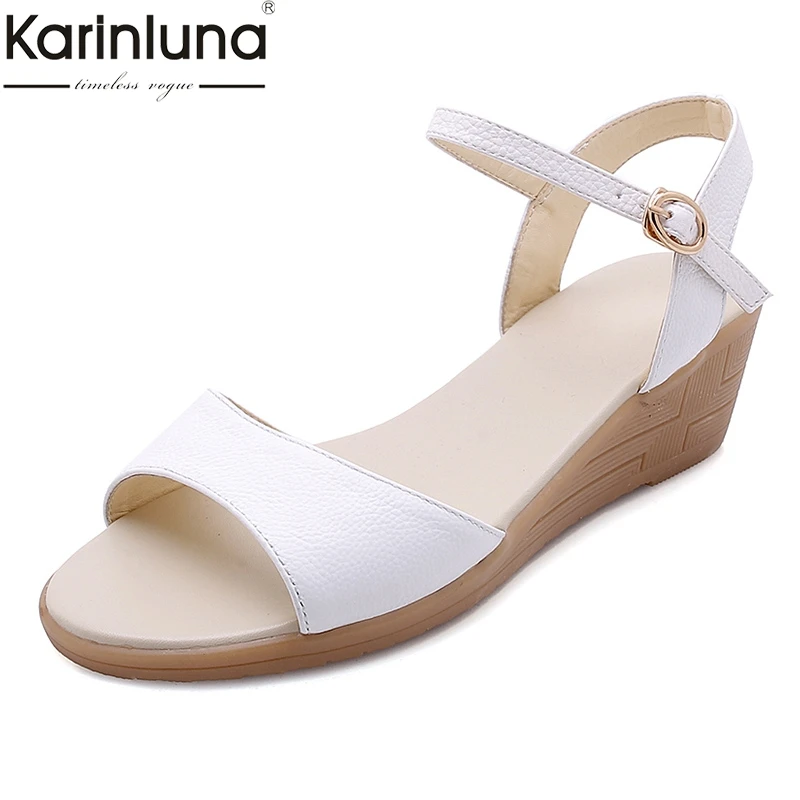 

Karinluna Black Genuine Leather Sandals Women Summer Platform Footwear For Ladies Wedges Shoes Woman Med Heels