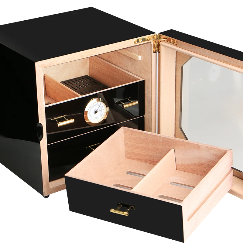 Black Gloss Piano Finish Cedar Lined Cigar Humidor 3 Drawers