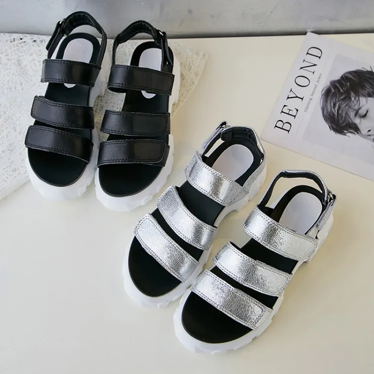 

MLJUESE 2019 women sandals Cow leather black color Hook&Loop open toe platform heel beaches sandals party dress wedding