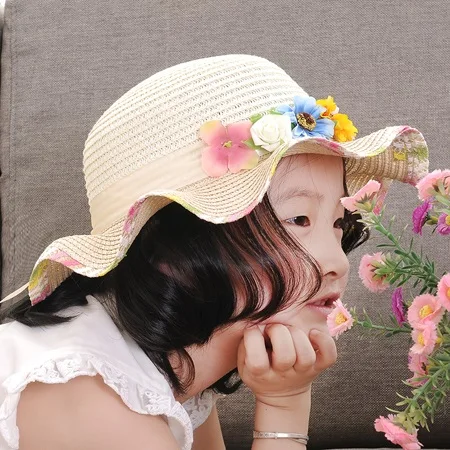 [DINGDNSHOW] модные шляпа от солнца цветок прекрасный шляпа летом девочек пляжная шляпа широкие поля, из соломы шляпа шапки в цветочек - Цвет: beige kid