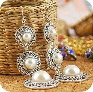 

19g Vintage National Trend simulated Pearl Earrings Bohemia Style Circle Long Dangle Drop Earrings Brincos