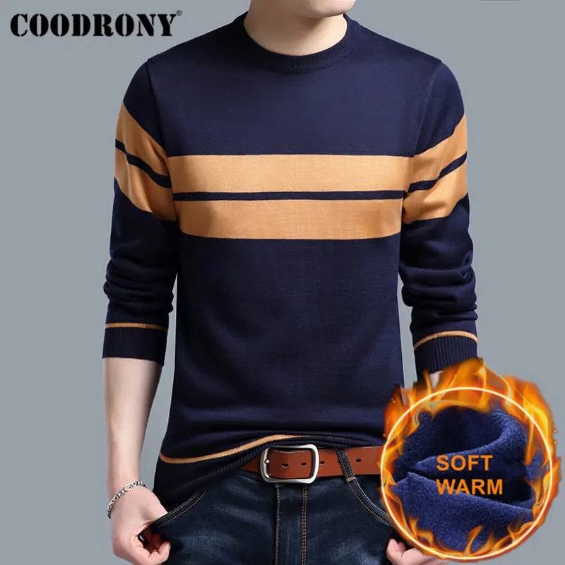 COODRONY Thick Warm Cotton Liner O Neck Pull Homme Christmas Sweater Men Winter Wool Mens Sweaters 2019 Casual Pullover Men H018