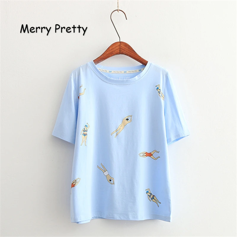 

MERRY PRETTY Women Cartoon Print Cotton T Shirts Harajuku Basic Tops Tees Short Sleeve O-Neck Blue T Shirt For Femme Casual Tops