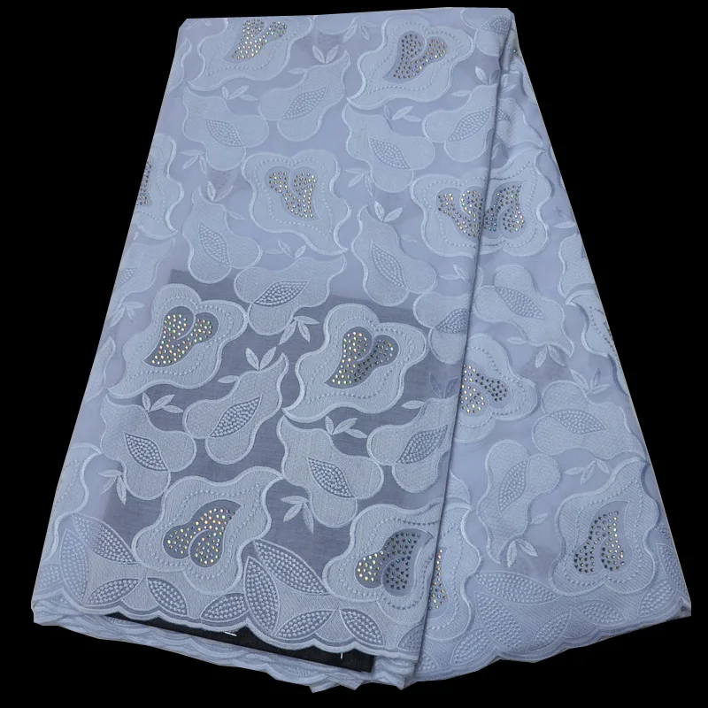 

(5yards/pc) High quality plain white Swiss voile lace fabric embroidered African cotton lace with lots of stones for party CLP51