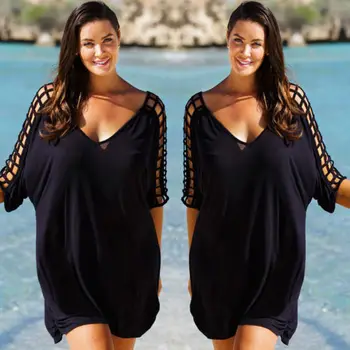

Plus Size Women V-Neck Hollow Out Swimwear Beachwear Women Bikini Beach Wear Cover Up Kaftan Ladies Summer Black Beach Dresses