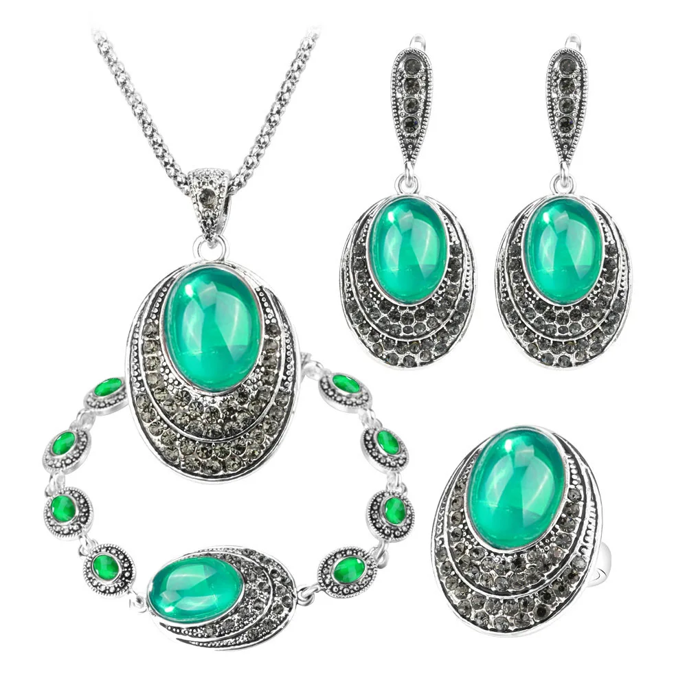 Fashion Vintage Green Stone Jewelry Sets For Women 4pcs/sets Rings