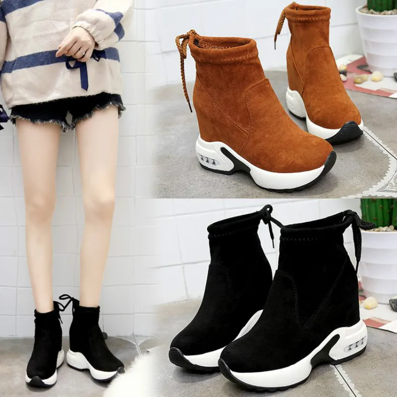 

Women Boots Spring Autumn Botas De Mujer Solid Color Internal Heel Thick Bottom Flock Lady Booties Bottes Femme Black 35-39
