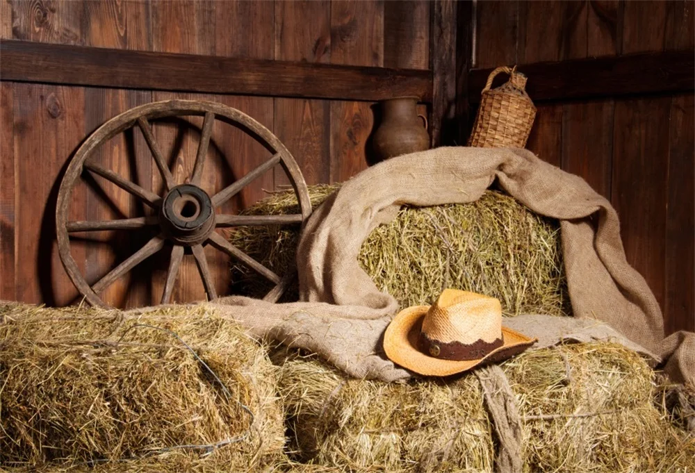 

Laeacco Farm Wooden House Haystack Wheel Scene Celebration Party Photographic Backgrounds Photography Backdrops For Photo Studio