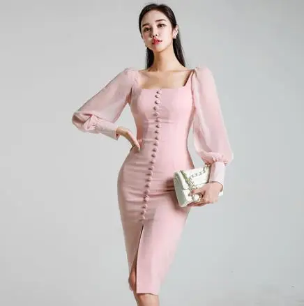 

New Elegant Party Dress Long Sleeve Square Collar Pink lace Slim Dress Bodycon Formal Dress Autumn Korean Style LJ495