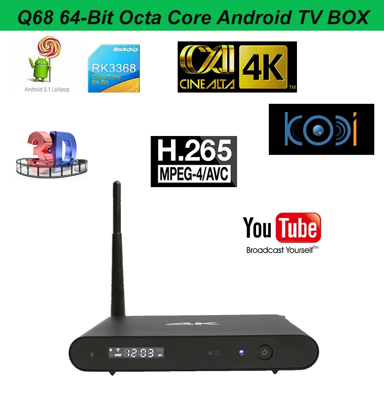 Q68 4K Android tv box Octa core ott tv box media player RK3368 android tv box Android 5.1.1 Lollipop 2gb+8gb set top box